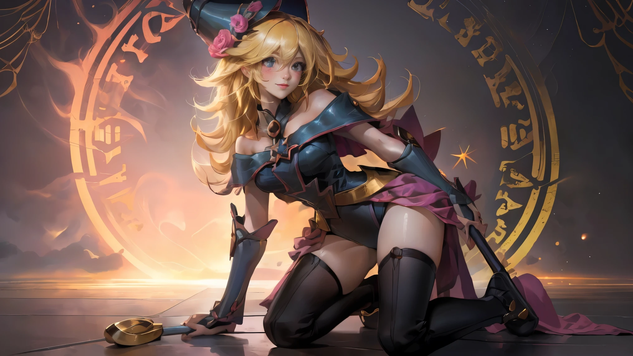 Dark magician Gilles in a red dress,((See through)), Very detailed, Rubio,(((Tiny mini skirt))), ((Skirt flip)),(((I can see Tanga))),smile, blue eyes, Realist, Red High Heels, (((Christmas))), Neckline, ((Christmasツリー, gift)), cabello Rubio, 魔法のChristmas. Seductive and sensual poses.
