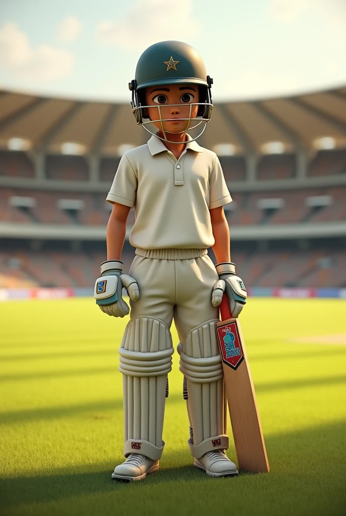 With a beautiful stadium in the background, one boy is holding a bat and a ball in both hands and wearing a helmet wearing a sri lanka t20 world cup shirt 3d art painting realistic photo