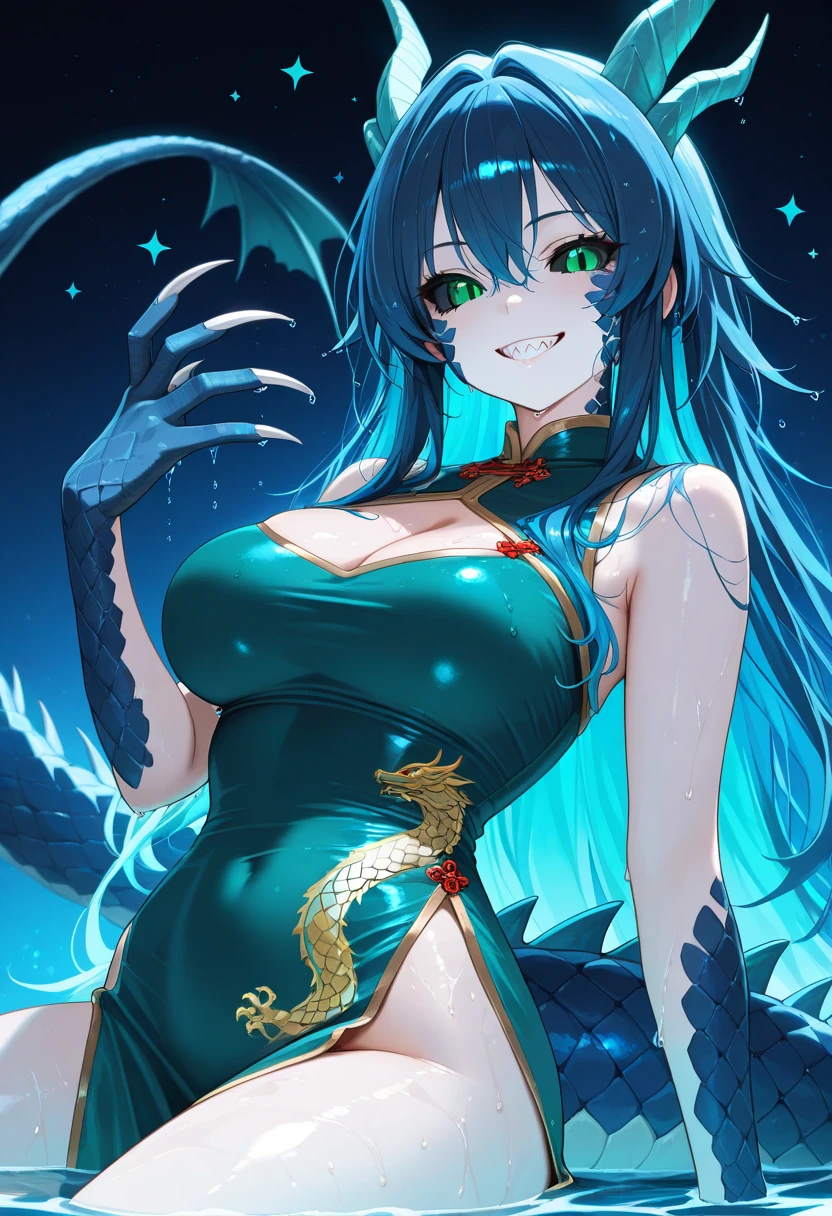 ((Highest quality、unity 8k wallpaper、32k、masterpiece、Very detailed、Ultra-high resolution、Ultra-high resolution、 Very detailedな顔, RAW Photos, Professional, Ultra-fine painting, Anatomically accurate lizard man)) Kotegawa Yui morphing into lizardwomen, kotegawayui, black long hair, yellow eyes, ((Reptilian eyeouth with sharp fangs、From shoulder to clavicle、Covered in fine scales up to the neck、(On the butt、A long, impressive lizard tail connected to the spine growing from the tailbone) 、Lizard legs with sharp claws、Fine blue scales growing like thigh-high socks、Fine blue scales growing like long gloves、Long fingernails)、Nipples in full view、((Fine scales on the flank、Fine blue scales growing around the waist, Scales on the back、Scales from flank to thigh))、The boundary between the scales and the skin is not clear、