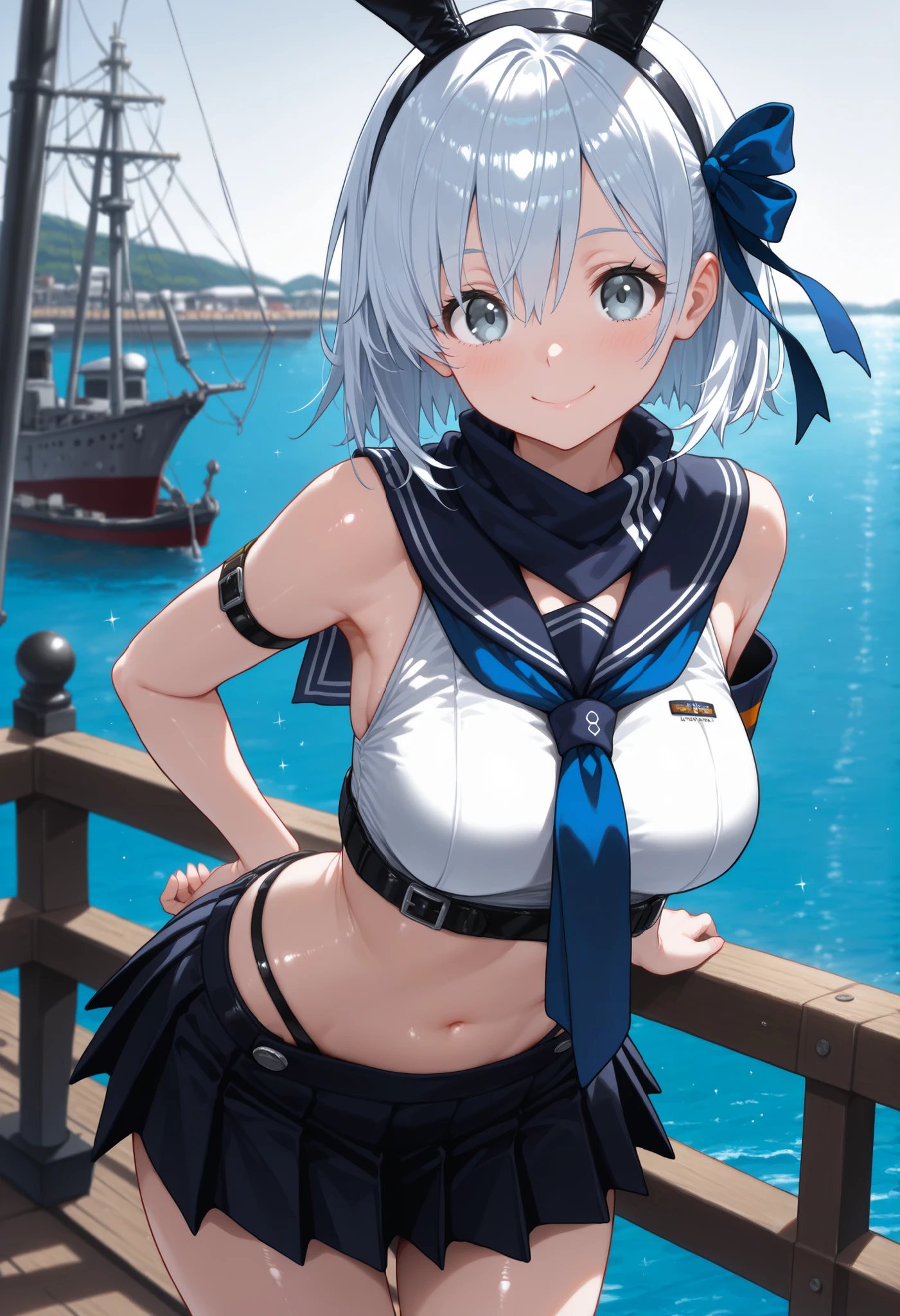 ((Put your hands on your face)), (surprised)), (Red face), Close up of one girl, Elf, Silver hair, Red eyes, Bob cut, Braided hair, Jeans, Shorts, Swimwear, Bikini, Sea, TS, Sitting, Concept art, Beautiful anime scene, Beautiful anime scenery, Best quality, Masterpiece