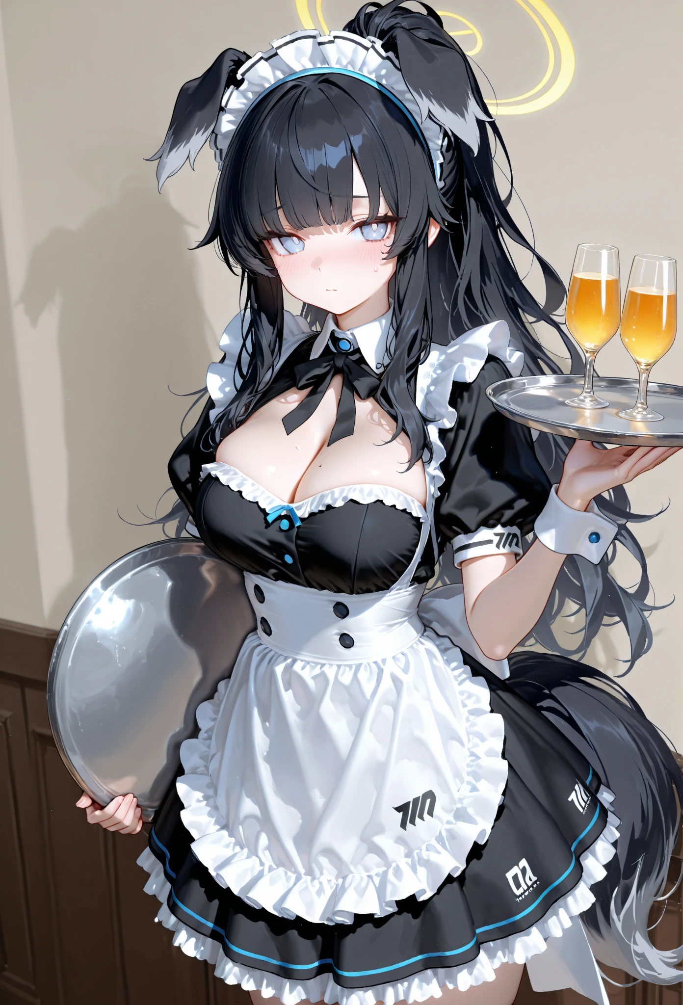 a woman in a black and white dress holding a glass, gapmoe yandere grimdark, gothic maiden anime girl, anime girl in a maid costume, maid outfit, maid dress, creepy pose, gapmoe yandere, twintails white gloves, noire. Black hair, green eyes
