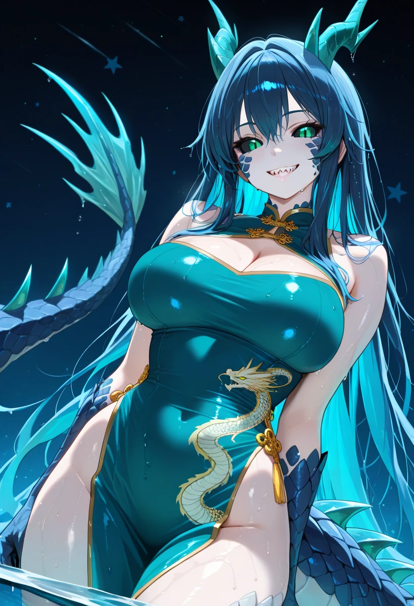 ((Highest quality、unity 8k wallpaper、32K、masterpiece、Very detailed、Ultra-high resolution、Ultra-high resolution、 Very detailedな顔, RAW Photos, Professional, Ultra-fine painting, Anatomically accurate lizard man)) Kotegawa Yui morphing into lizardwomen, kotegawayui, black long hair, yellow eyes, ((Reptilian eyes)、Mouth with sharp fangs、From shoulder to clavicle、Covered in fine scales up to the neck、(On the butt、A long, impressive lizard tail connected to the spine growing from the tailbone) 、Lizard legs with sharp claws、Fine blue scales growing like thigh-high socks、Fine blue scales growing like long gloves、Long fingernails)、Nipples in full view、((Fine scales on the flank、Fine blue scales growing around the waist, Scales on the back、Scales from flank to thigh))、The boundary between the scales and the skin is not clear、