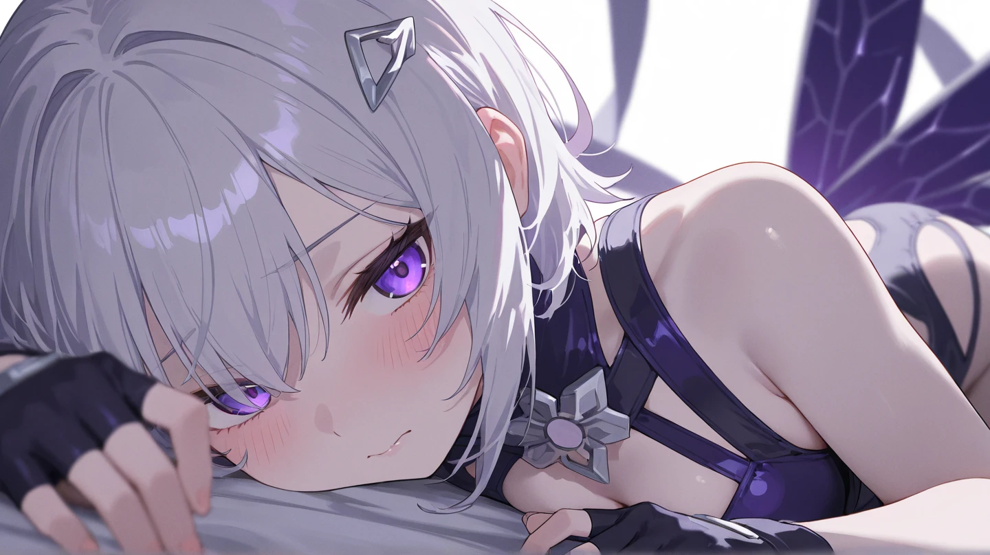 polaroid,photo,masterpiece,best quality,bedroom,bed,night,
<lora:spfaniya_xl:0.6>,spfaniya,1girl,solo,white hair,red eyes,facial mark,antenna hair,symbol-shaped pupils,+ +,bangs,hair between eyes,tattoo,v,(no_headwear),babydoll,lie down,ahegao,face_focus,