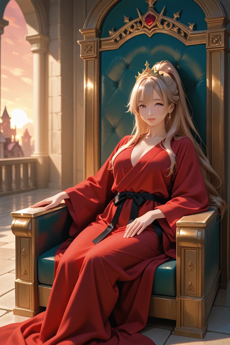 Anime、The girls、red-eyed、blond hair、Princess、robes、Western castles、tiara、１people、solo、offshoulder、Luxurious chairs