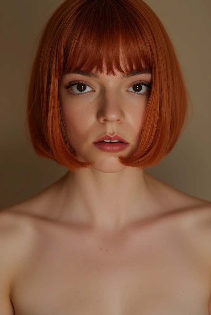 professional, (4k image:1.1), (Sharp Focus:1.3), very detailed, beautiful detailed face, orange hair bob hairstyle, eyes half-closed, as if enjoying the sound, --Detailing, whole body, a lot of femininity, Tempting, Dazzling, Black background