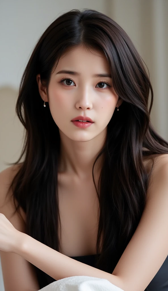 Korean girl, beautiful, sexy, most beautiful face, long hair, blemished eyes, big breasts, beautiful, white, white skin, high quality, realistic, bigc background.