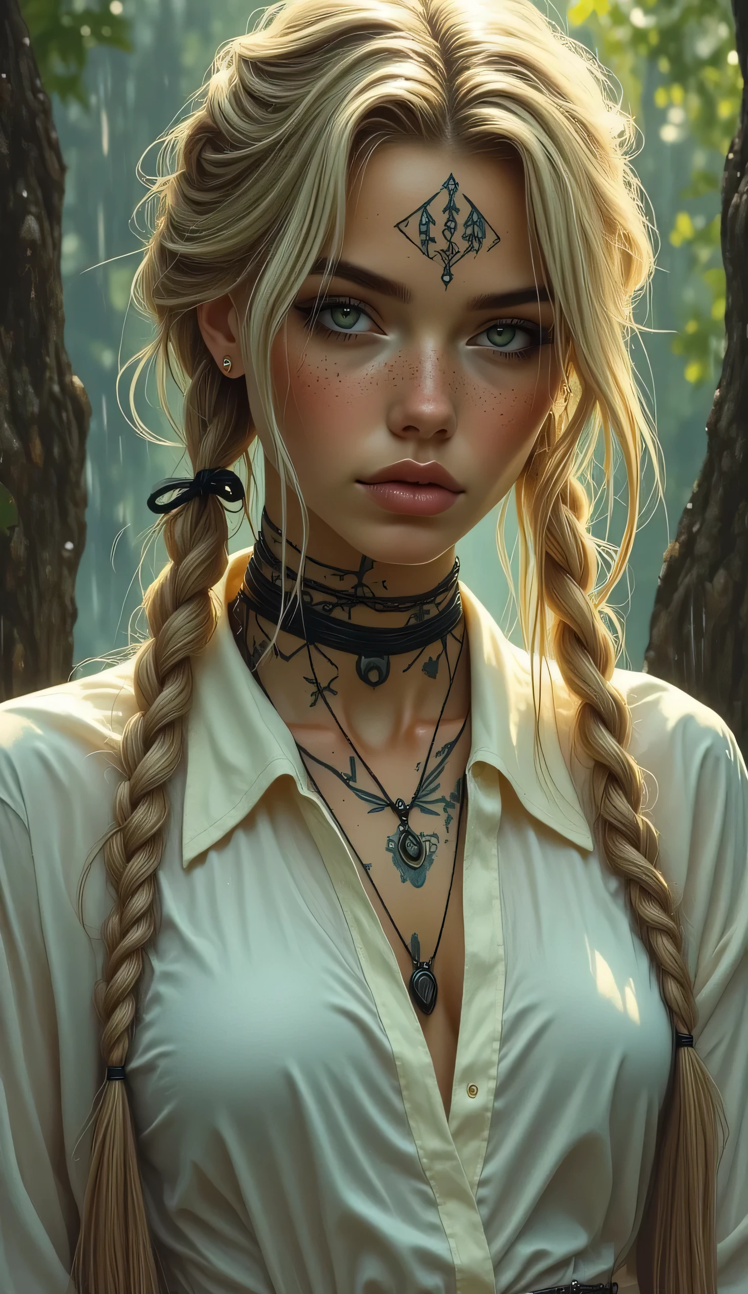 Score_9, score_8_up, score_7_up, ((highest quality)), ((masterpiece)), ((full face)), Perfect Face, (High definition), (Best Shadow), 8k, cinematic, (Realistic:1.4),dramatic. Comic art. A girl with intricate tattoos, long blonde braided hair, shaved sides, using small bow ties in two long braids, geometric earrings, wears a wet white long shirt, front pose, outdoor rainy setting, water droplets, dim lighting, warm, dramatic atmosphere, high contrast, strong highlights and shadows, ((full body front view:1.3))