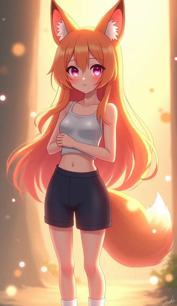 (masterpiece, beautiful), highly detailed, 8k uhd, intricate details, best quality, correct ???????, vibrant lighting, HD, studio quality, uploaded on e621, shiny yellow furry female fox in an expressive pose, (from below), giantess, ecstatic, closed eyes, very long eyelashes, shiny, tears, anthro, snout, black sports bra, short shorts, narrow waist, raised shoulders, fluffy, flower, blush, fang, stomach, very long orange shiny windswept hair, animal earfluff, two-tone fur, breasts, long eyelashes, very long hair, happy, sky, night, stars, ground view, anime, cute, closed mouth, (tongue out), :3