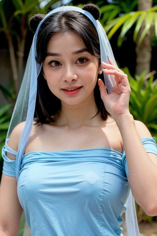 Malay women wearing hijab, sexy satin light blue color strapless bra and panties, portrait photography, 35 years old, ultra detail, professional photograph with professional lighting, smile, at the outdoor garden background, sexy seducing pose, curvy,