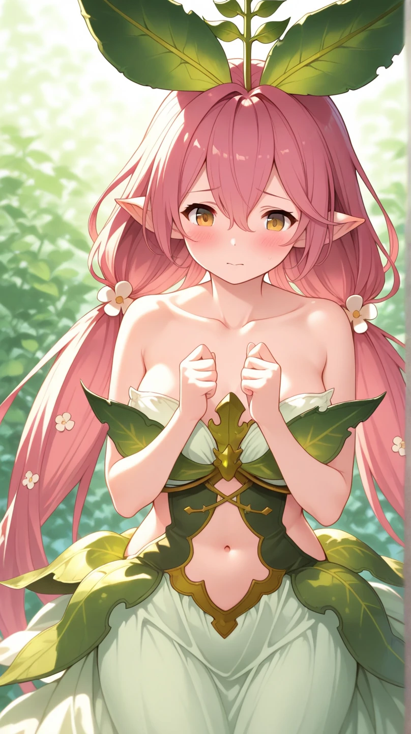 1 girl, pink hair, by IKZW, fairy, small, small size, fairy wings, forest, torso up, :P, clothes made out of leaves, navel, green dress, flowers on hair, elf ears, Auburn Hair, Hair curled at the ends, pink lipstick, mole under left eye, white panties, bow panties