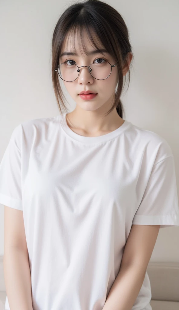 a cute woman, beautiful detailed eyes, arms up，upper body， beautiful detailed lips, extremely detailed eyes and face, long eyelashes, slender body, thin face, delicate features, flawless porcelain skin, glistening sweat, ultra-fine fingers, best ratio four finger and one thumb, realistic, oversized T-shirt, mini skirt, one-person viewpoint, Fuji Film, F/1.2, 8K, masterpiece, nffsw, super detail, high quality, best quality, high resolution, glasses, mole under right eye, 