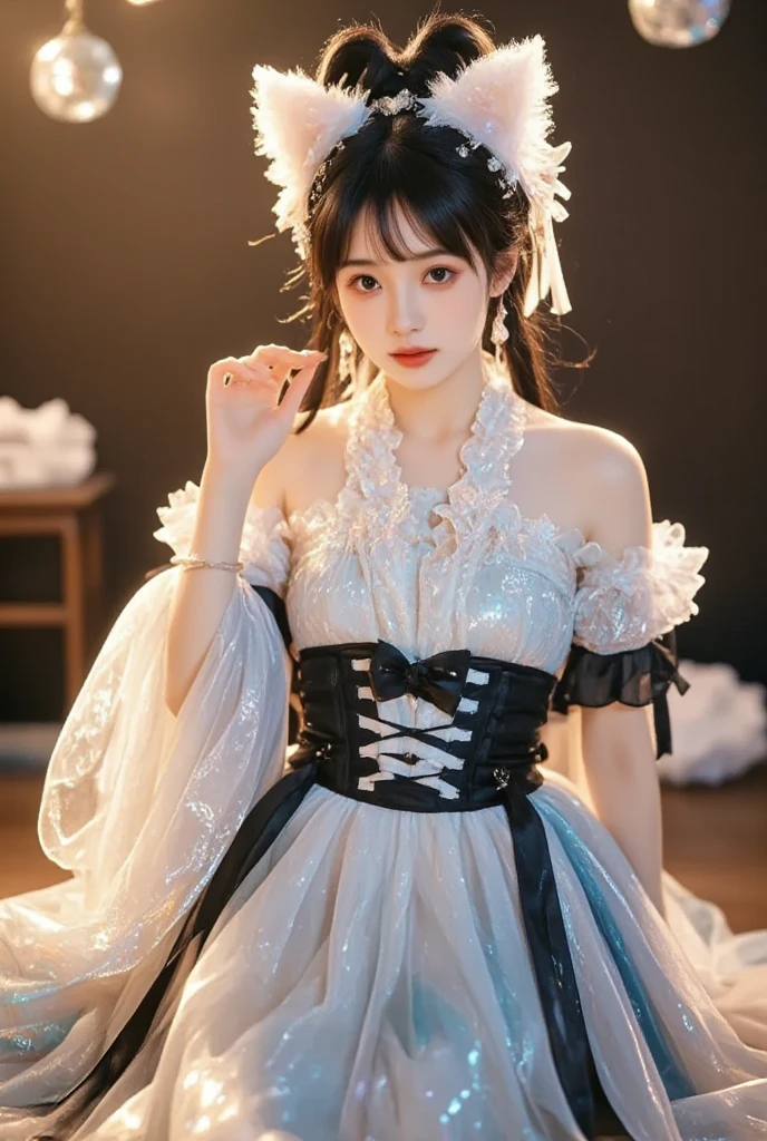 cns_attire, ((cowboy shot)), ((Bare shoulder)), ((Short hemlines, sexy long legs)), ((Elegant and charming posture, random view shots)), realistic detailed photo of a giant breasted girl with exposed shoulders, detailed fingers, high quality skin, red eyes, alone in a winter scene with clouds, wind, and flowing hair, (best quality,4k,8k,highres,masterpiece:1.2),ultra-detailed,(realistic,photorealistic,photo-realistic:1.37),studio lighting,vivid colors