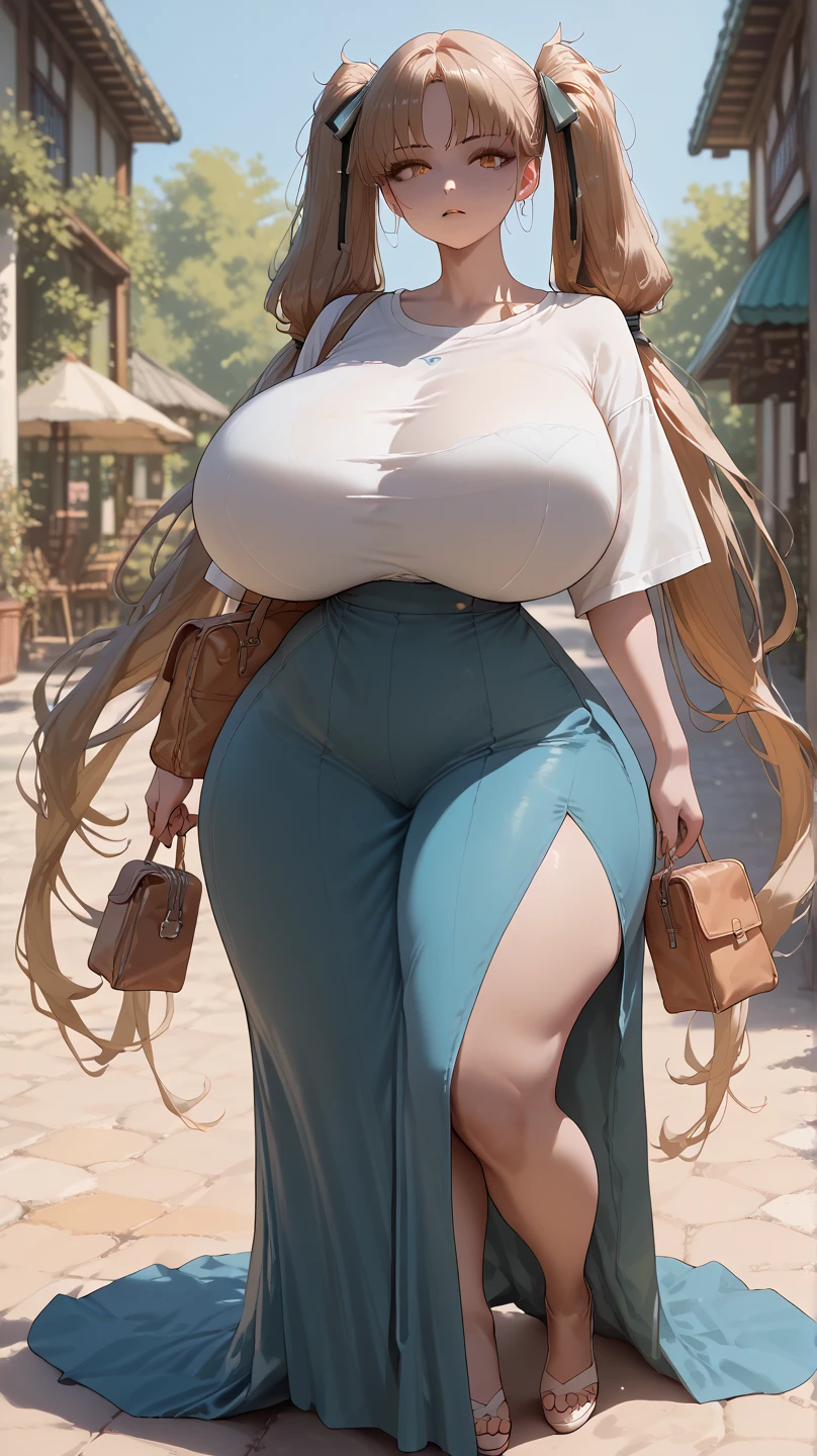 Big round breasts ((beautiful and beautiful woman in her 30s)) (short light silver hair, tied with ribbon, long side bangs covering the eye, hair clip, beautiful earrings), beautiful detailed yellow eyes, double eyelids , detailed iris, light effect on the eyes, ((Primavera_O costume, brown Sweaters, Sweaters, ribbed_Sweaters, long_sleeves, White_pants, high waist with embroidery made in delicate and cool fabric, striped socks)) ((hyper detailed, 16k, masterpiece , hyper realistic, perfect lighting, light and shadow effect on the skin, sharp focus, soft lighting) ), perfect pink lips, tanned skin, woman of superior beauty, beautiful and sensual, is in love, insinuating smile ((has curvy body with beautiful notable curves, with big breasts )) ((variable sensual poses on the street, shops around, going out to buy))