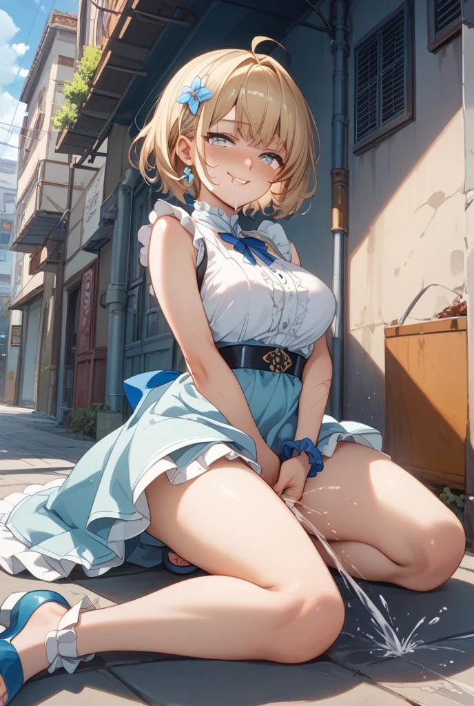 A girl with a cute Alice in Wonderland-like blonde wavy headband sits completely naked with her legs spread wide, showing her ass, anus, pussy, and small nipples.。I don't wear any underwear。A pose where you can be seen from below。are small。Pose that shows your anus。pussy and anus are spread。Spreading legs with both hands。taking off the apron dress。Putting a penis in the anus、SEX。NSFW