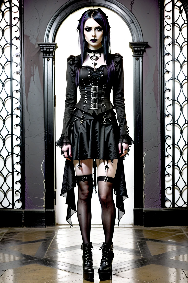 beautiful gothic girl with strong gothic makeup, long kajal strokes, her hair styled into a mohawk sitting on the steps to a cathedral, barefoot, show full body --auto --s2