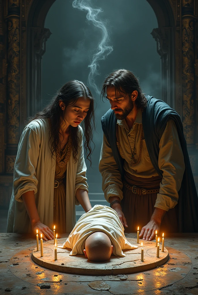 a frightened lady with her injured husband and a shaman helping them in a tent