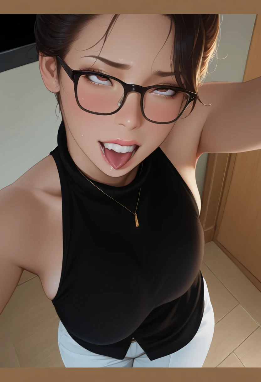 (masterpiece, Highest quality:1.4), (beautiful, beautiful, perfection, delicate, Complex:1.2), (cute, Adorable), (Depth of written border:1.2), 
BREAK, 
(1 Girl, alone), colorful, Bright colors, perfection female form, perfection face, Glossy pink lips, Expressive eyes, eye shadow, eyeliner, light brown colored hair, Short Hair, Glasses, Huge natural breasts, Narrow waist, abdomen, belly button, (Sexy look:1.4), (sexy white ornate open shirt), Shiny skin, teasing, sexy black ornate stockings, High heels, (open mouth wide), (painful face), (((drool))), girl puts it in her mouth,
BREAK,
1man, penis, {{fellatio}}, (((deepthroat))), (((pov deepthroat:1.5))), (((cum in mouth))), (((cum on hair))), (((cum on face))), 
BERAK, 
classroom, nsfw:1.5,


