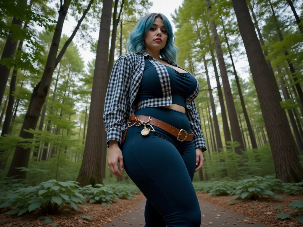 Masterpiece, Best Quality, 1 girl, Alone, 23 years, adult, teal and green hair, messy hair, asymmetrical hair, He drowned, very short hair, aquamarine eyes, medium breasts, toned, 167cm, pale skin, glasses, SMILE, olive green shirt, Cowboys, look at the abdomen,