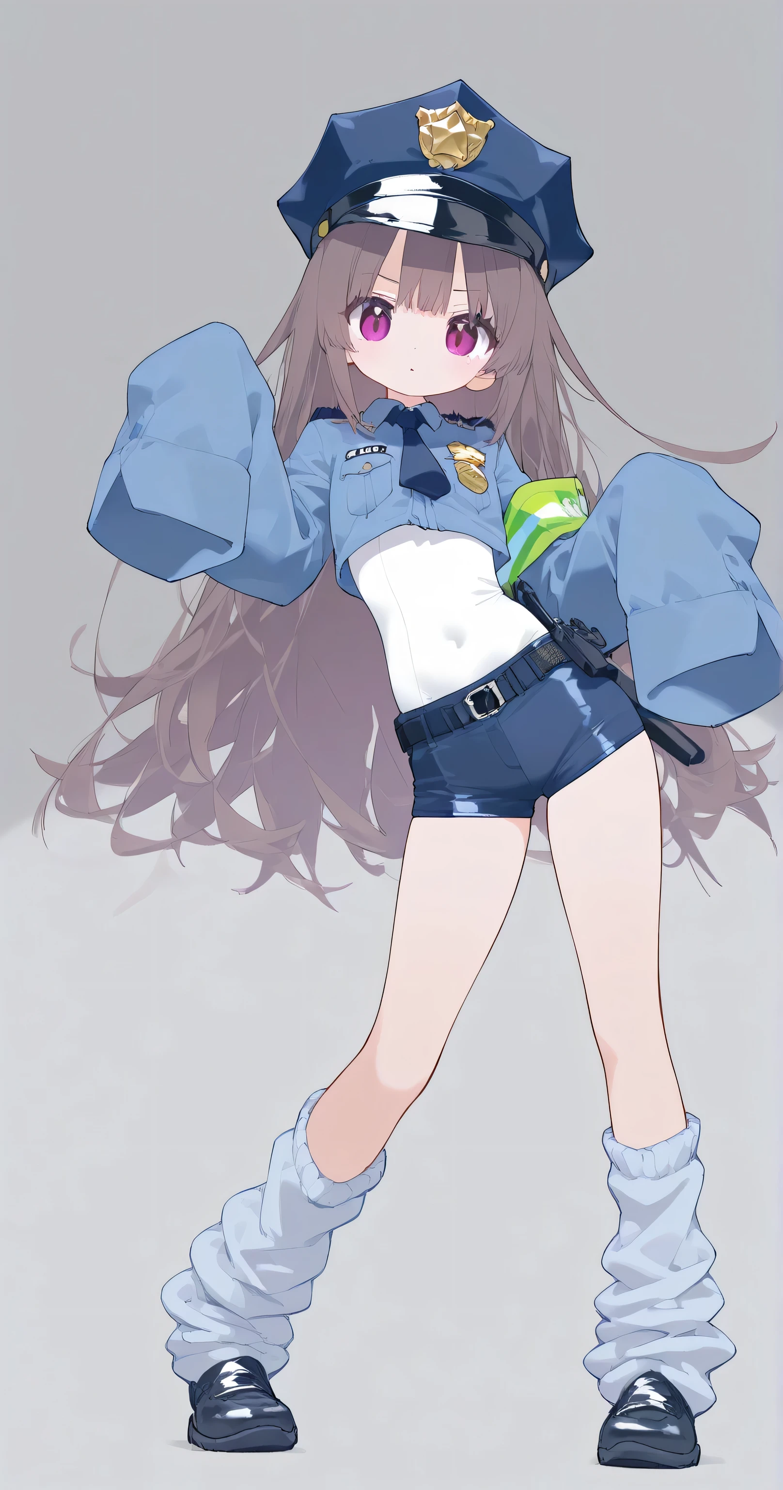 short pants, flat chest, clothed, covered body, tight clothes, cropped clothes, oversized longsleeve, loose socks, medium breasts, long hair, detailed clothes decoration, A dynamic pose, detailed background, cute pose, temptation pose, police uniform