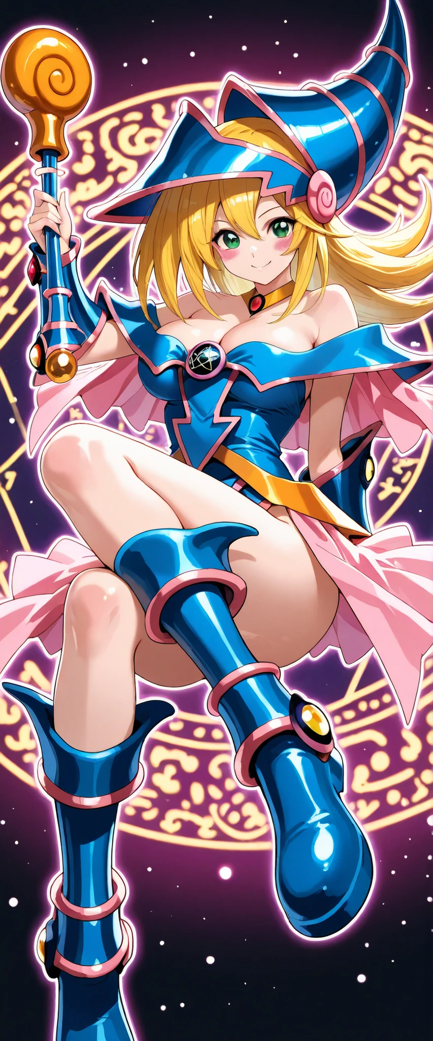 Black Magician Girl、super breasts、thick thighs、blonde hair、magic circle、8K, 4k, highest quality, High resolution: 1.2),winking、One breast exposed、cute anime face、Pink blush on cheeks、noise removal、Leotard that bites into、have a cane、Hold your cane、Rear view、Turning around、full body portrait