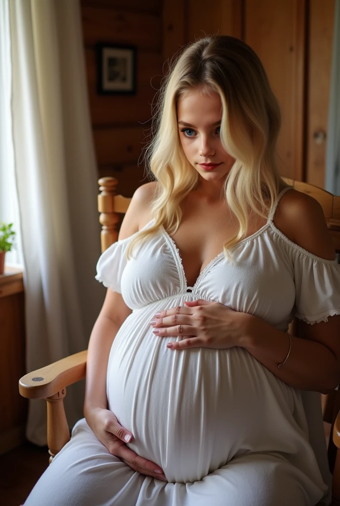 Pregnant women、Caucasian、Blonde、Sit on a chair