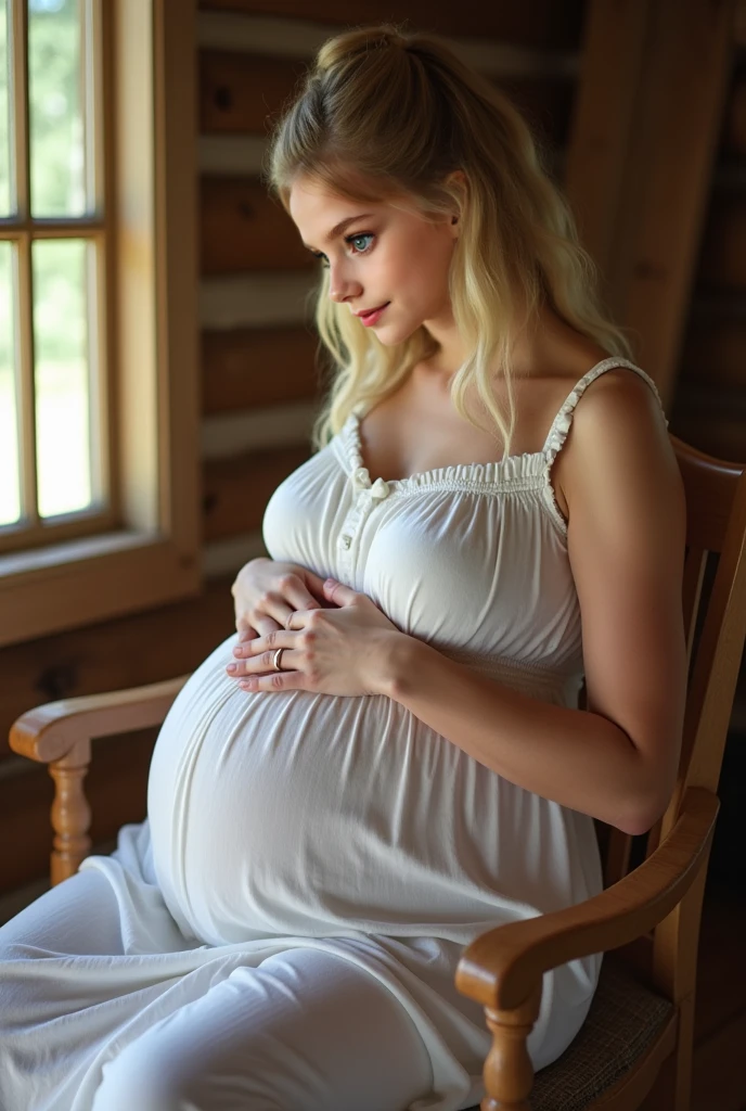 Pregnant women、Caucasian、Blonde、Maternity Dresses、Sit on the sofa