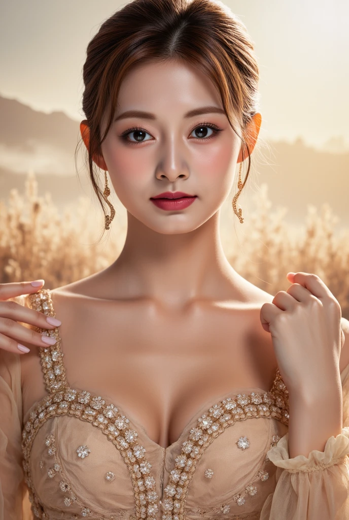 realistic photorealistic photo-realistic 8k high quality masterpiece portrait of a beautiful russian woman in her 20s with light brown hair, fine white skin, attractive face, tight waist, cleavage, smiling kindly, wearing stylish clothes and necklace, active posing , detailed eyes, nose, lips, long eyelashes, perfectly balanced body, rough  hairstyle, best image quality