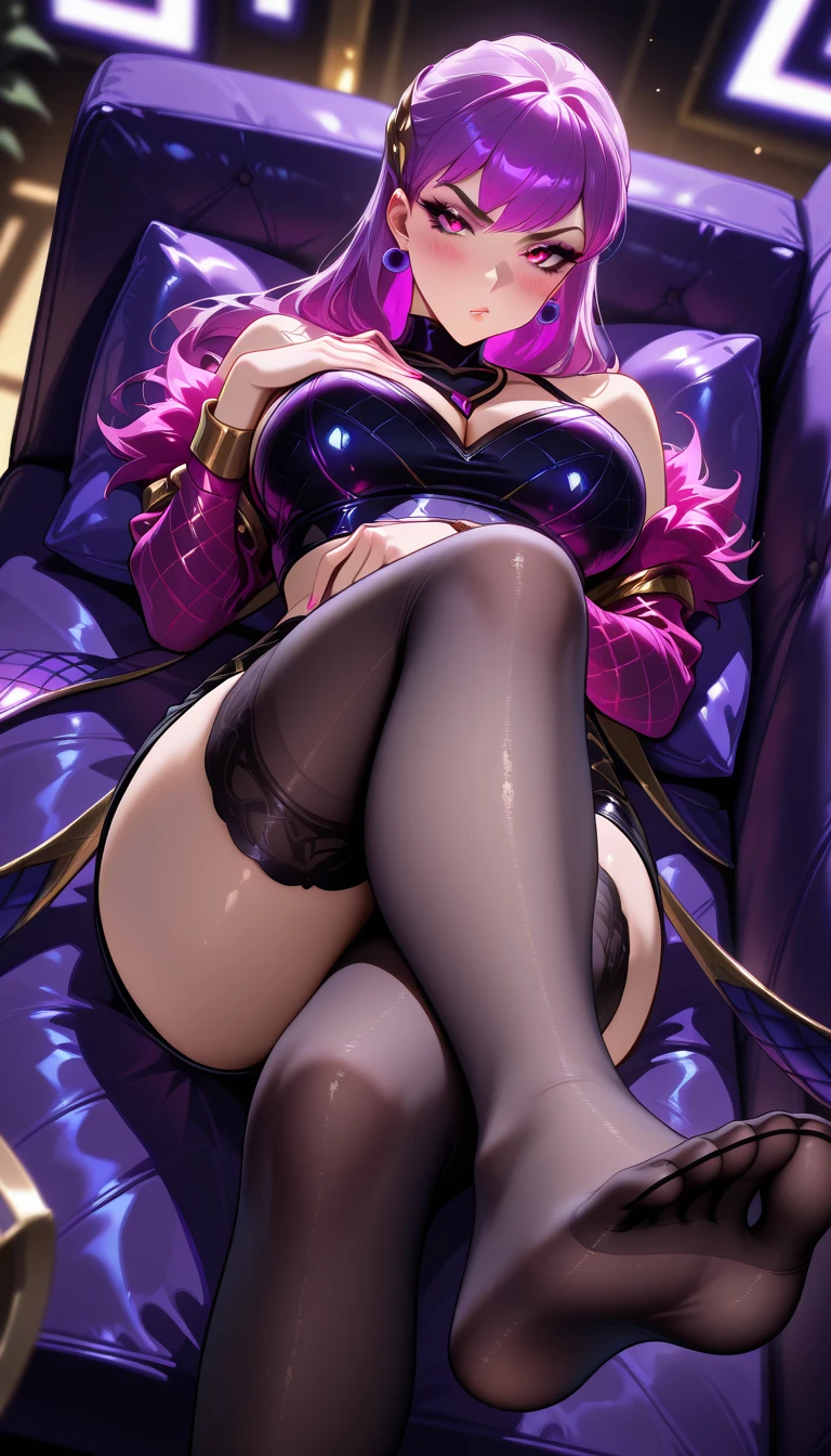 Briar looks over the viewer, She has big breasts and part of her tits can be seen through her dress, tender look, She is sitting on a bed with her legs crossed., tight white stockings, ((Best Quality)), ((Masterpiece))
