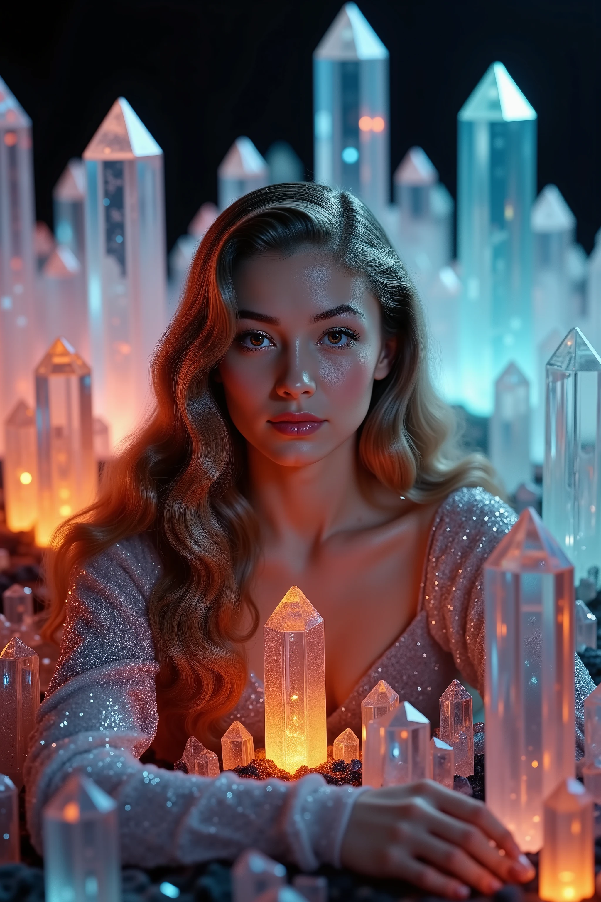 extremely attractive young woman, very long wavey hair, long eyelashes, thousands of different colored and clear quartz crystals taller than she is, coming out of the ground, thick translucent crystals everywhere, ultra-realistic, ultra-detailed photorealistic, 8K, physically-based rendering, ultra-detailed, facing the viewer, vivid colors, hyperrealistic, hypersensual, cinematic photography, cinematography, full focus, UHDR, startling presence, dramatic lighting, fantasy landscape, mysterious atmosphere, cinematic composition, surreal, magical, glowing crystals, vibrant, deep colors, dramatic lighting, bright, flashing eyes, staring directly at the viewer, enormous crystals and smaller crystals everywhere, masterpiece 