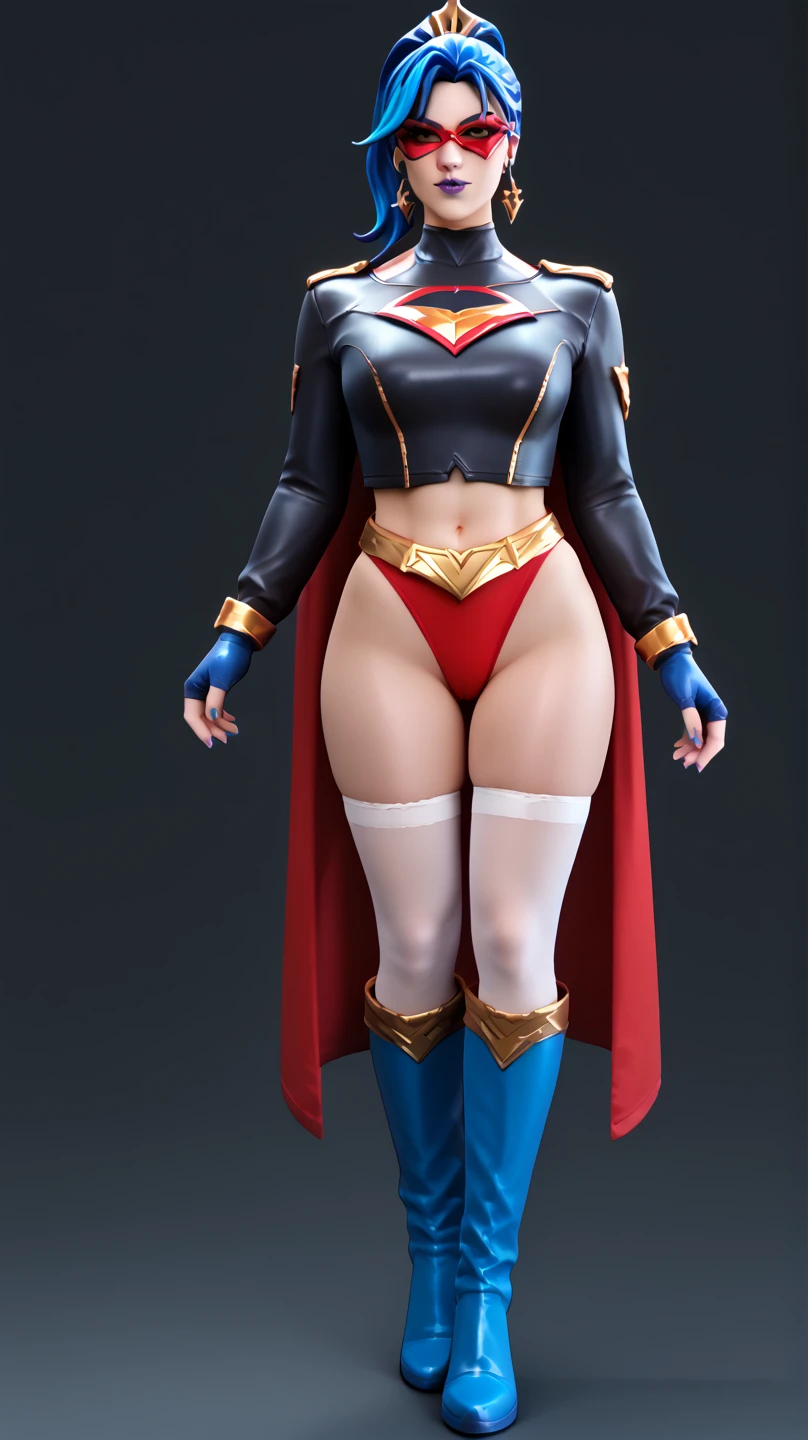 tmasterpiece,(Full body like:1.1),Busty woman,Beautiful and charming Chinese woman face,Superman bikini uniform,white stockings,High-heeled leather shoes, 1female,Thin waist,long leges,nakeness,Raised sexy,Bigchest,Bare breasts,Bare lower body,with no underpants,long and flowing hair