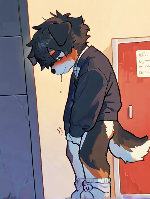 (masterpiece), (best quality), (high res) (solo), (perfect anatomy) (perfect face), wolf and sheep hybrid, (black hair), (black wool), (curly short hair), fair skin, ambiguous gender, flat chest, wide hips, thick thighs, (school uniform) (black pants), (black jacket with red lights), (white shirt), yellow glowing in the dark eyes, serious, androgynous, (long eyebrows), in a school room, distracted, seated, looking at a window, ignoring the viewer, ripped clothes, damaged clothes, man, (gay sex) (kissing) (French kiss), (kissing each other), penetration, getting fucked, ((gangbang)), orgy, cum on face, cum on mouth, cum on body, full of cum, cum everywhere, drowning in cum, used, left in the ground full of cum, cum leaking everywhere, showered in cum