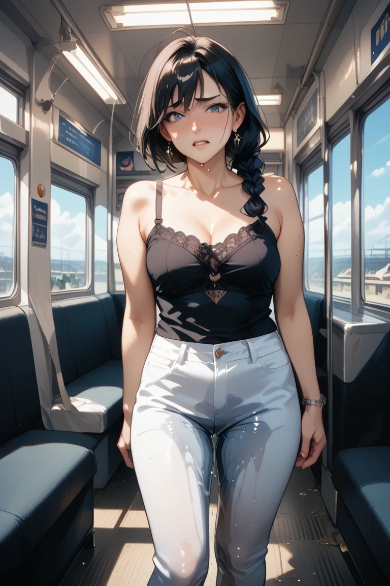 25 year old Shi Qing,Height 1.75 meters,slender body,beautiful look。She was wearing a modest skirt and a loose white shirt..,I'm standing on a crowded bus,The skirt on the hips can only cover half of the buttocks.,Blushing cheeks,shy and embarrassed facial expression,The body was pressed tightly against the bus window,Looks nervous。She has long legs and a thin waist.,Plump buttocks are especially attractive.,Walking on tiptoe,Grasp the top post with one hand,The cuffs reveal the lace bra underneath.,high hips