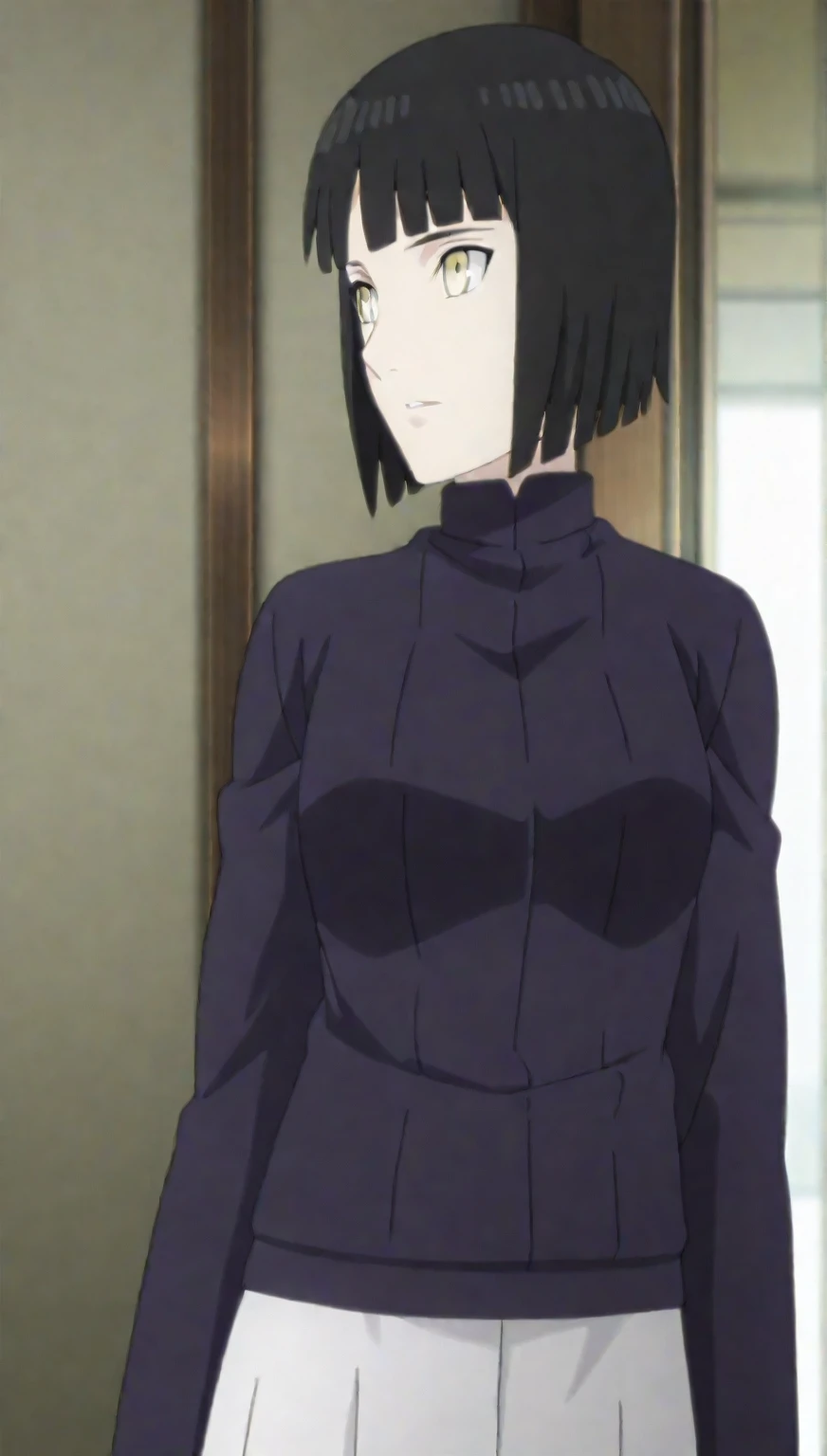 A femboy boy, young boy, sexy with mega short hair, Bblack hair, wearing a black sweater with thick sleeves, with black panties highlighting his penis.