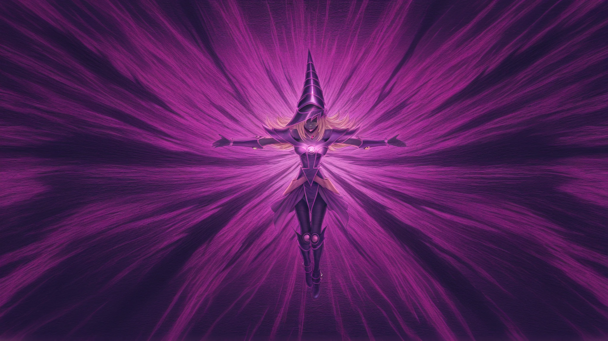 The dark magician girl giving us her back, surrounded by darkness, in vibrant pastel colors. Epic and shocking image in Daisuke Satō style.