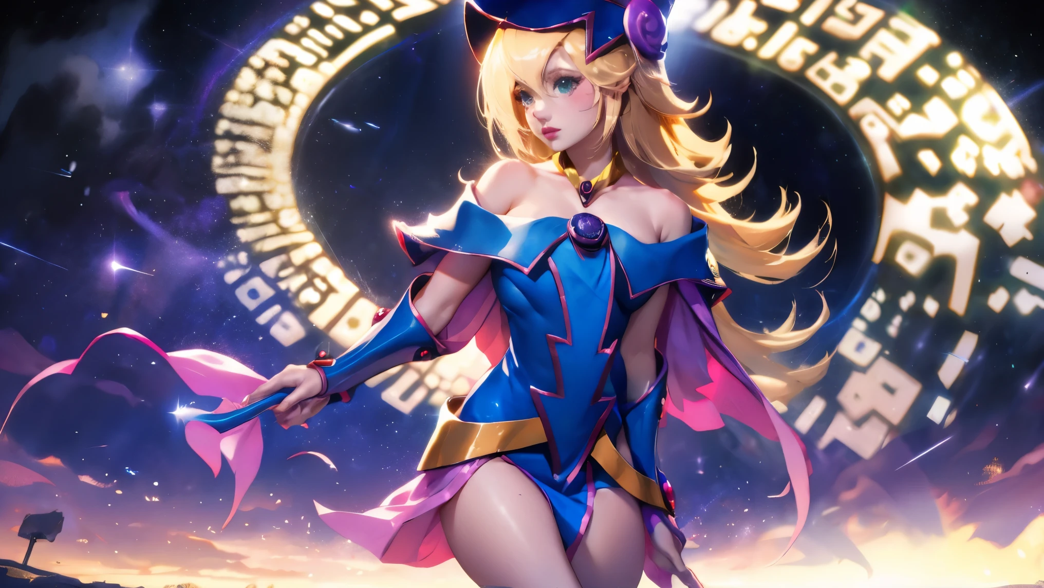ultra-detailed, extremely detailed, masterpiece, highest quality, best quality, absurdres, highres, dark magician girl, (1girl:1.2), solo, detailed face, dynamic pose, hair flow, (full body:1.1), blonde hair, long hair, looking at viewer, green eyes, skindentation, detailed skin, skin pores, (shiny skin, glossy skin:1.1), rosy skin details, breasts, nail polish, skirt, blue footwear, blue headwear, wizard hat, wand, holding hat, (blue panties:0.9), (summoning circle:1.1), hexagram, pentacle, pentagram, yu-gi-oh!, duel monster, purple magic field, glow, detailed background, intricate background,