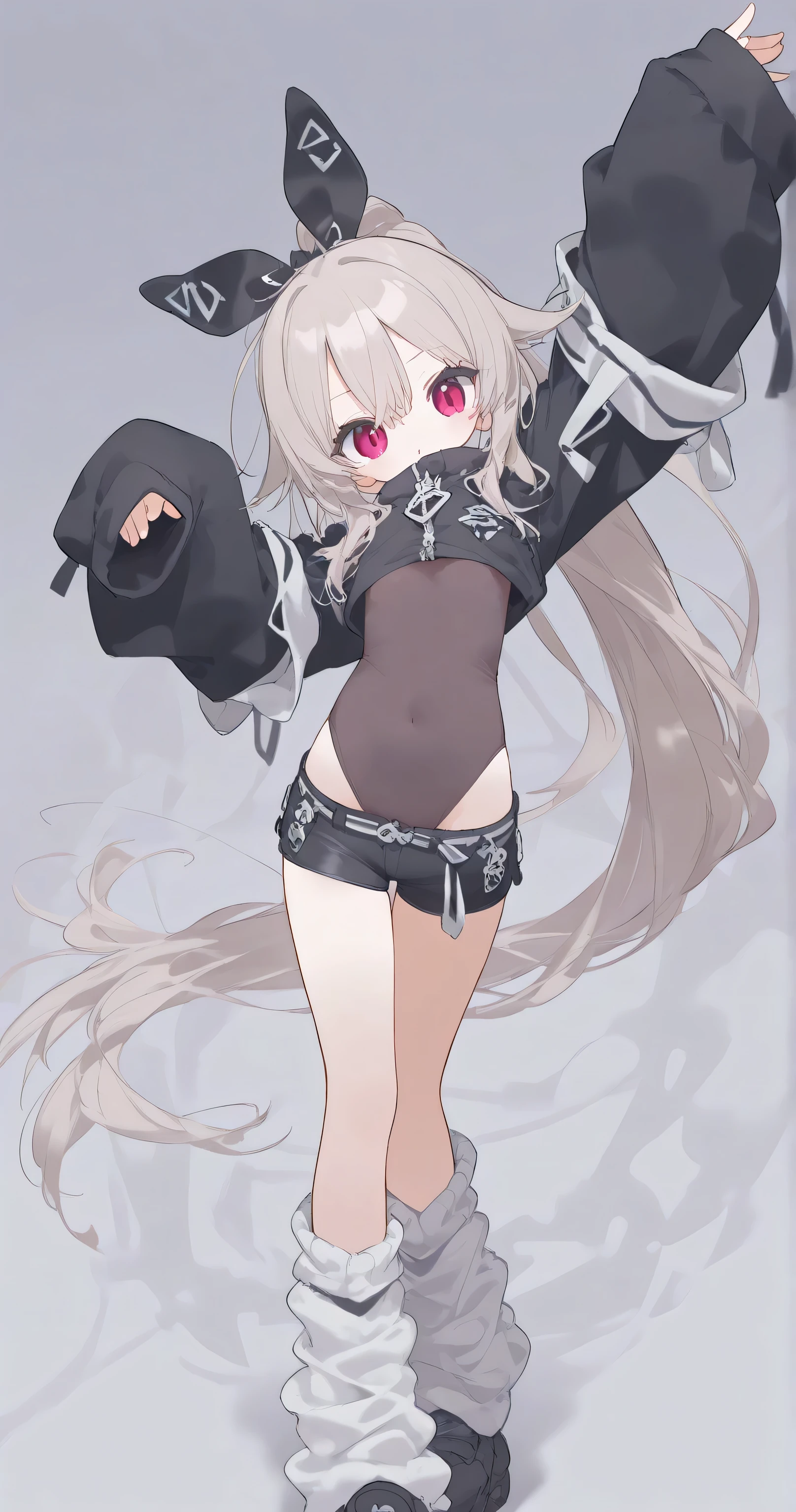 1girl, bangs, blush, breasts, cowboy shot, earrings, elf, eyebrows visible through hair, fangs, gradient, gradient background, grey hair, hair between eyes, hand on hip, jewelry, long hair, looking at viewer, name tag, one-piece swimsuit, open mouth, pointy ears, red eyes, school swimsuit, solo, swimsuit, teeth, very long hair, white background