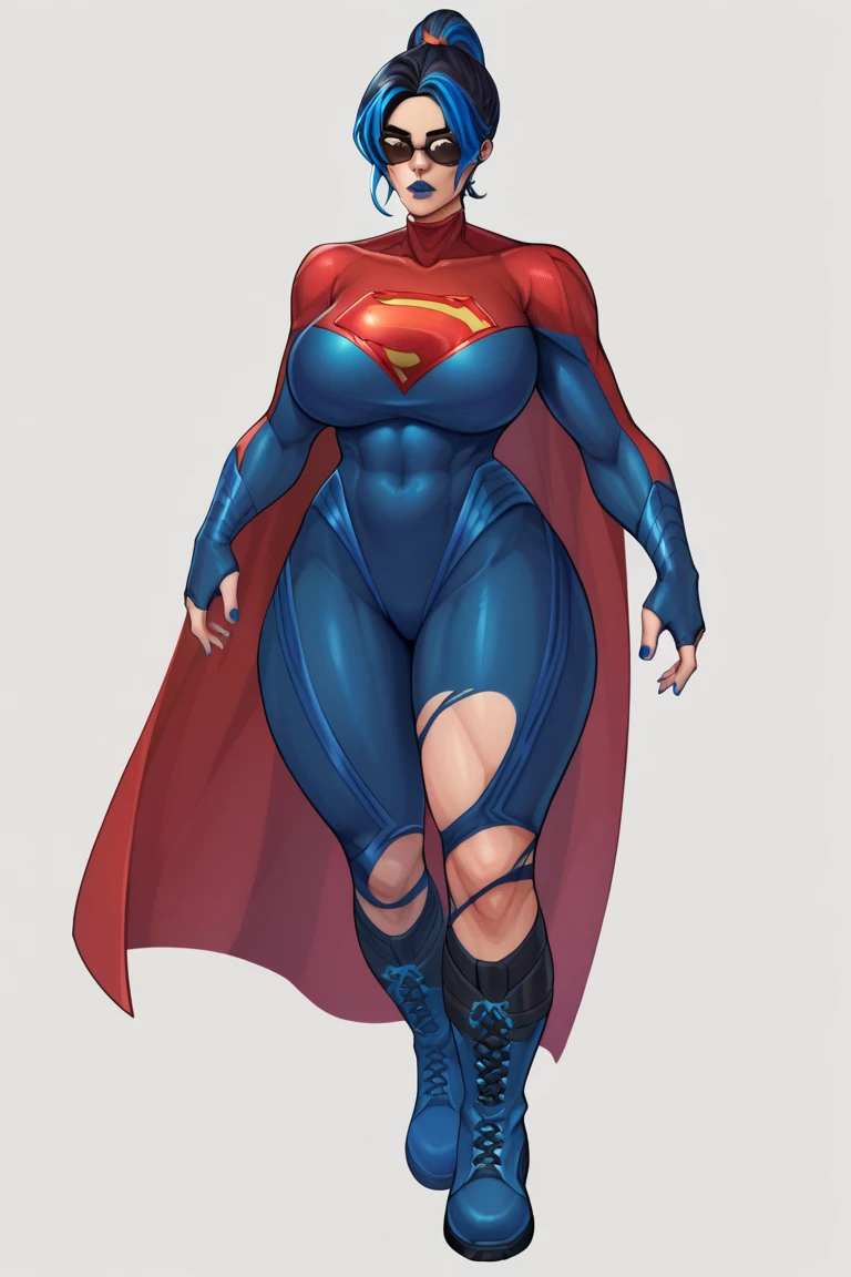 (Muscular:1.9), (thick thighs:1.9),
blonde female, (supergirl), (big smile:1.7), (blunt bangs), (ponytail:0.8),
earrings, lipstick, eyeshadow,
hard nipples, (small breasts:2),
(full body suit, blue bodysuit, cleavage:1.9), (small cape:1.3), (choker:1.2), (active pose:1.5),
looking at viewer, from above, (upper body view:2.1),
(skyline background), rim lighting, two tone lighting, dim lighting, bokeh, detailed skin, detailed eyes