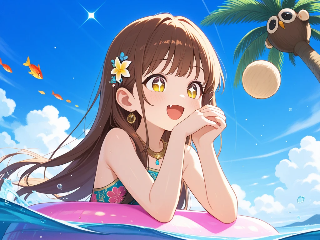 A cute girl is having fun with a white balloon on the sunny beach，There is a sea of flowers around，Realisticstyle