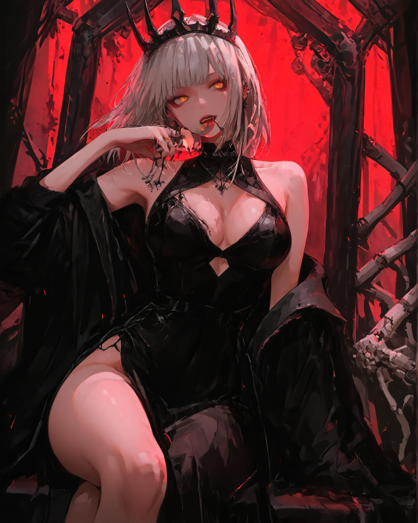 Gothic vampire girl, black gothic clothes, sexy in the cemetery, she is holding a spear, fully body, movement pose