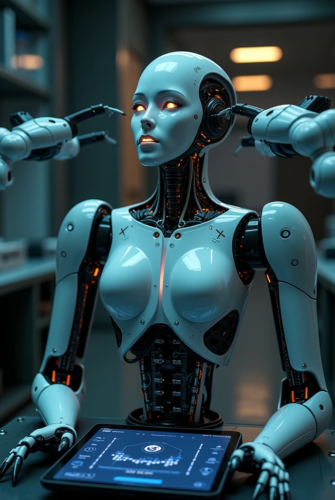 Meduza, with three breasts robotic head with snakes on the head made of robot, mounted on a scorpion
