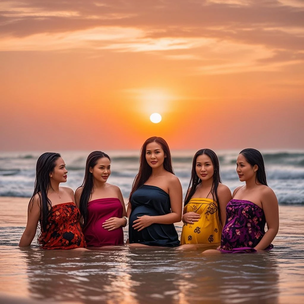 A beautiful Indonesian woman in a red transparent lingerie, big pregnant, smiling, bangs, long eyelashes, red painted nails, earrings, sensual, makeup,  outdoor beach, realistic, photorealistic, 8k, high quality, hyper detailed, chiaroscuro lighting, dynamic pose, dramatic lighting, cinematic, elegant, intricate details, warm color tones