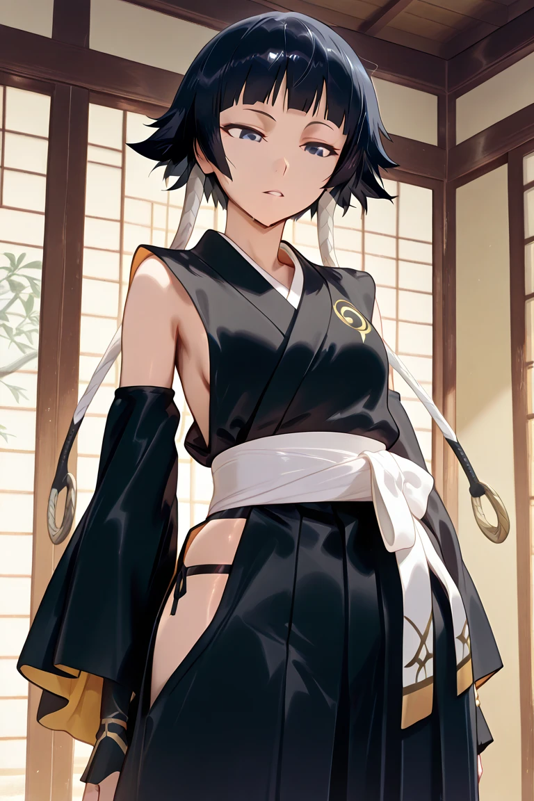 ( anime screencap:1.1),indoors,
1girl, solo, black hair, sideboob,standing, short hair with long locks, hip vent, short hair, small breasts, brown eyes, detached sleeves, hakama, black hakama, no bra, gloves, hakama skirt,low twin braids,sash,cowboy shot,