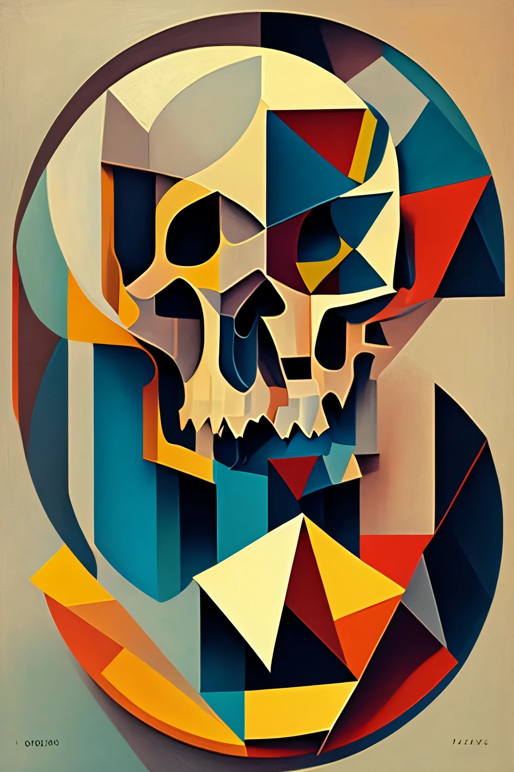 Skull portrait, picasso style, cubism, cube, circle, triangle, artistic composition, cubism, muted colors, radiography style