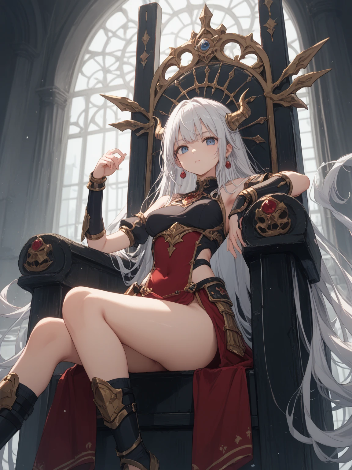 ((best quality)), ((masterpiece)), (detailed), perfect face, silver hair, ponytail, beautiy mask, red eyes, full body, king's chair, dark background, black stockings, light armor, red skirt
