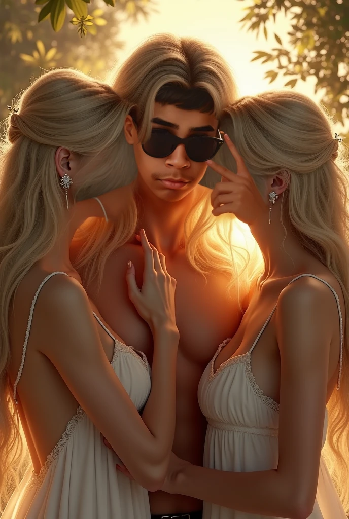 One Handsome man laying in bed surrounded by three beautiful athletic women snuggling up against him touching him, wearing sexy athletic wear, perfect bodies, women: long flowing hair, flowers in hair, seductive, materials, golden hour, , jewelry, golden hour, photorealistic, masterpiece, in love, grins, perfect faces, Flirtatious,