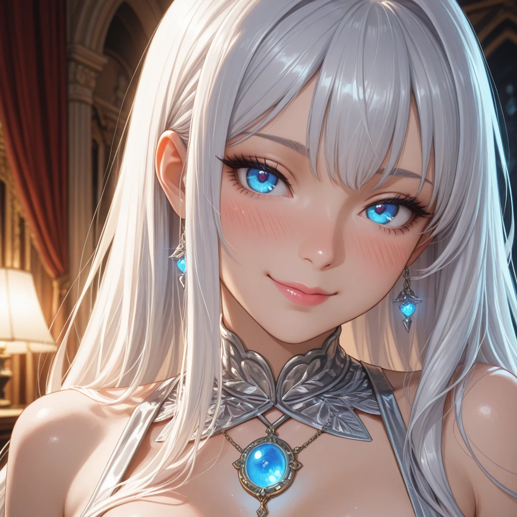 (masterpiece),((Highly detailed long silver hair)),((expressive blue eyes)),(Highly detailed white dress),deep cleavage,(happy expression),extremely beautiful mature woman, milf,silver jewelry,best quality,cel shading,8K HD,highly detaild face, highly detaild eyes,flat color,digital color,(close angle),contrapposto,white background