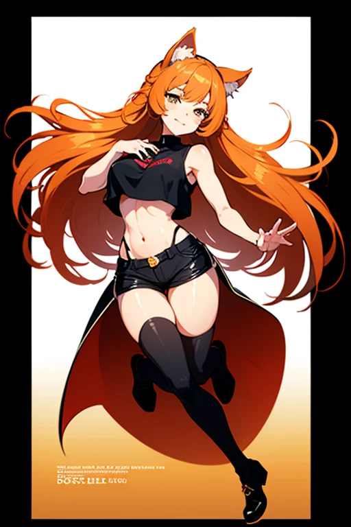 Anime girl in red, orange and black suspender skirt in front of graffiti wall, 25 years old,long hair anime girl, She has long orange-yellow hair., Attractive anime girl,Bare arms,Bare arms,Bare legs,Black necklace,Front view,First Perspective,high quality,16K,Exciting appearance,very clearly,Exquisite mature facial,Royal sister,Simple black suspender skirt,Alone,Standing front