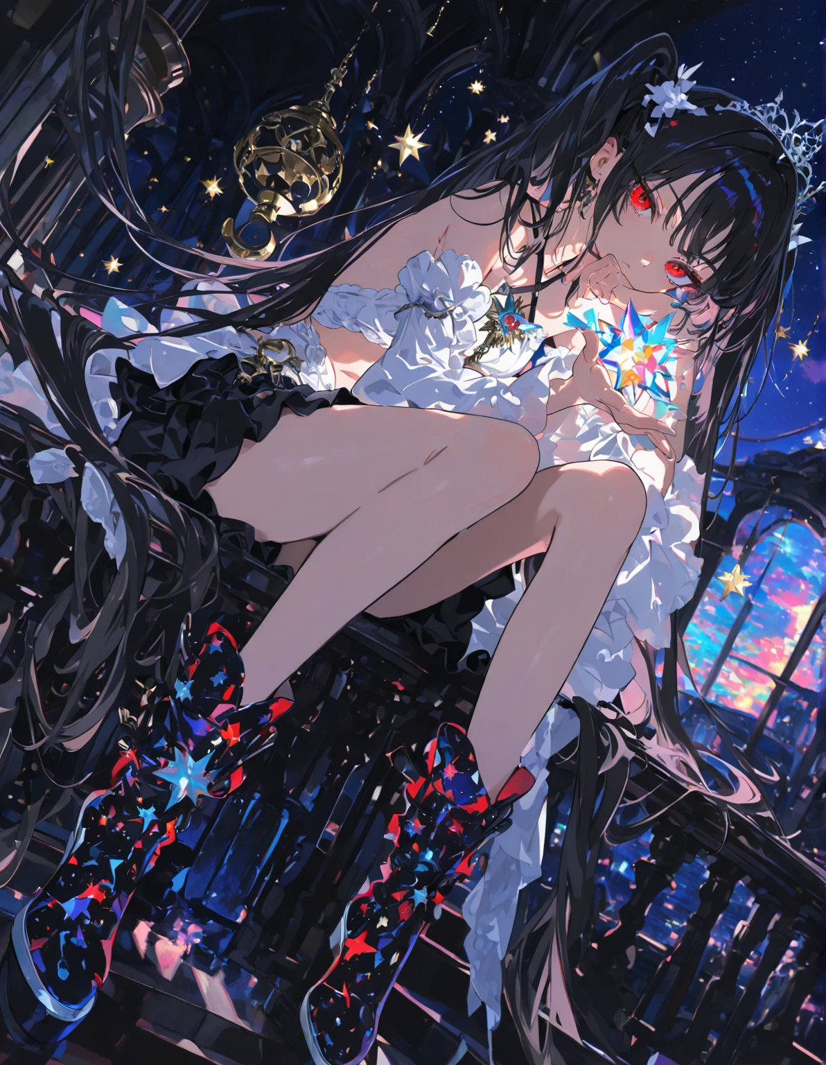 create an image, of a girl with medium long black hair playing with flowers and fish, something magical and deep, magical and fun atmosphere, happy girl in a beautiful dress, In the universe, dark and bright stars