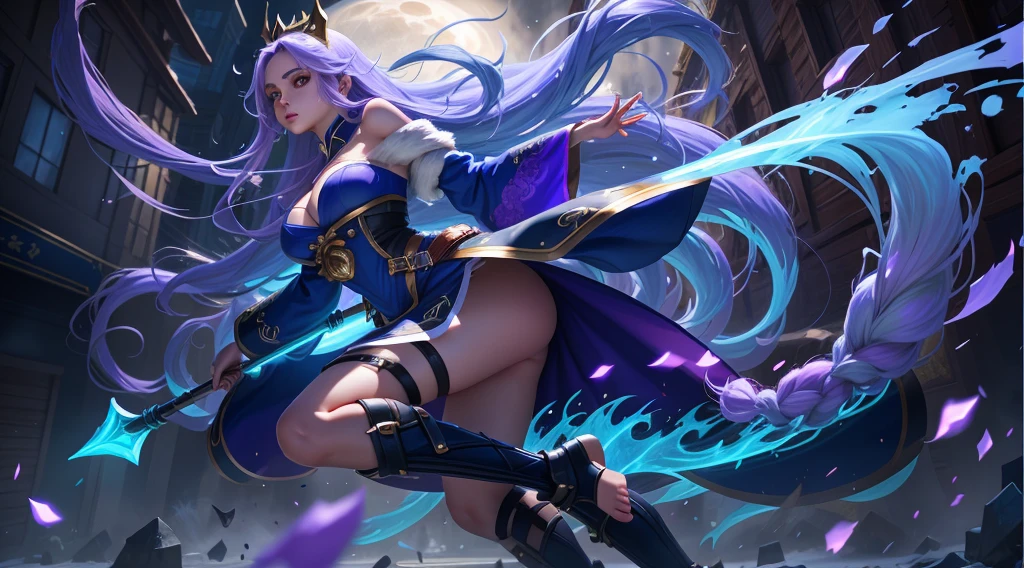 a close up of a person with a sword and a purple dress, style league of legends, league of legends character, seraphine ahri kda, mobile legends, queen of the sea mu yanling, wild rift, ig model | artgerm, irelia, style of league of legends, portrait of mermaid warrior, extremely detailed artgerm