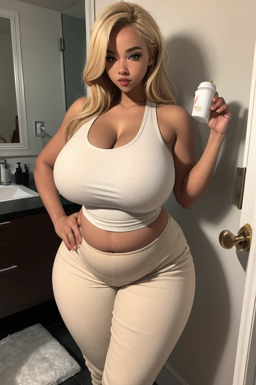 "An ultra-detailed 8k masterpiece best quality and high saturation. The image features a clothing illustration with a stunning thick european girl wearing a tight sheer leggings outfit, including tight open shirt, F cup, white sneakers, and a blue background."
